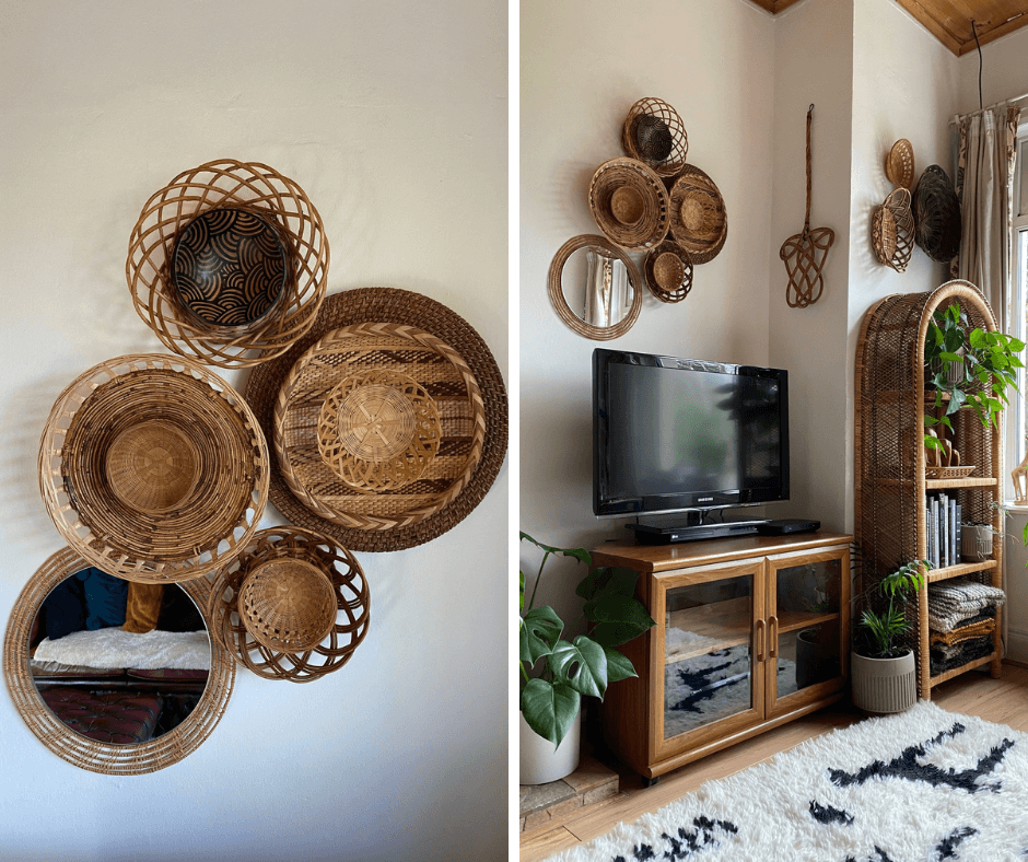 Renie Gray for Basket Finds, an interview by La Basketry. Image is two photos side by side. Left is a close up of Renie's basket wall decor, right is the basket wall shown in situ in her living room with a tv unit and bookshelf