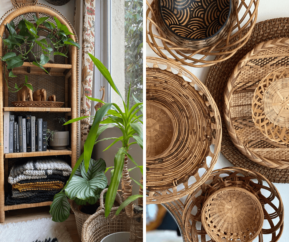 Renie Gray for Basket Finds, an interview by La Basketry. Image showing two photos side by side. Left is a rattan bookshelf decorated with plants and books, right is a close up of rattan baskets