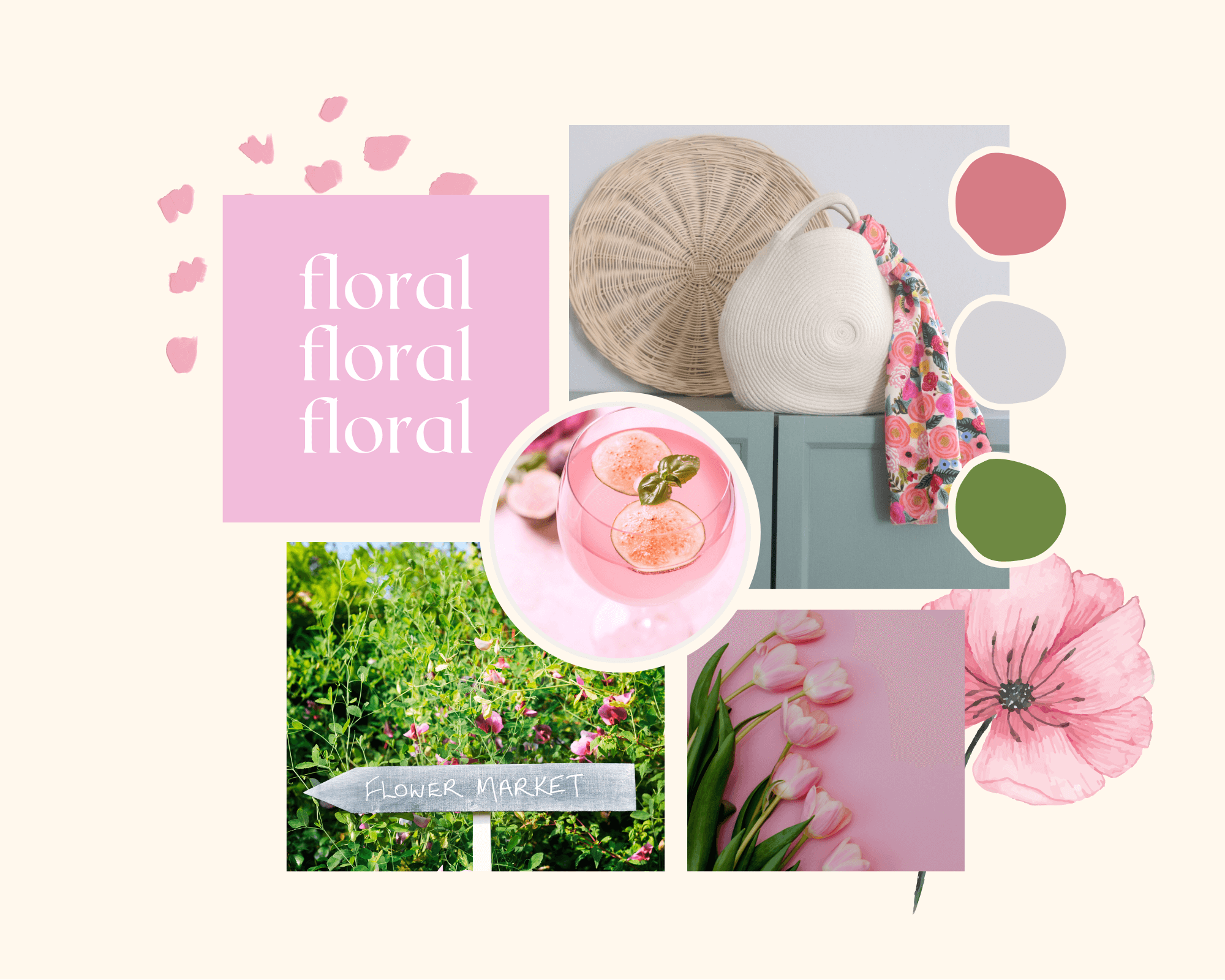 La Basketry's mood boards for summer styling your handmade cotton rope basket bag. This look is floral, for a Sunday stroll through London's East End