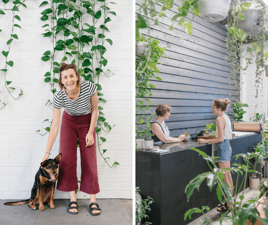 Sarah Bell, founder of Stackwood concept store Australia with her dog on the left, and inside the store filled with plants on the right, for La Basketry on the shelf