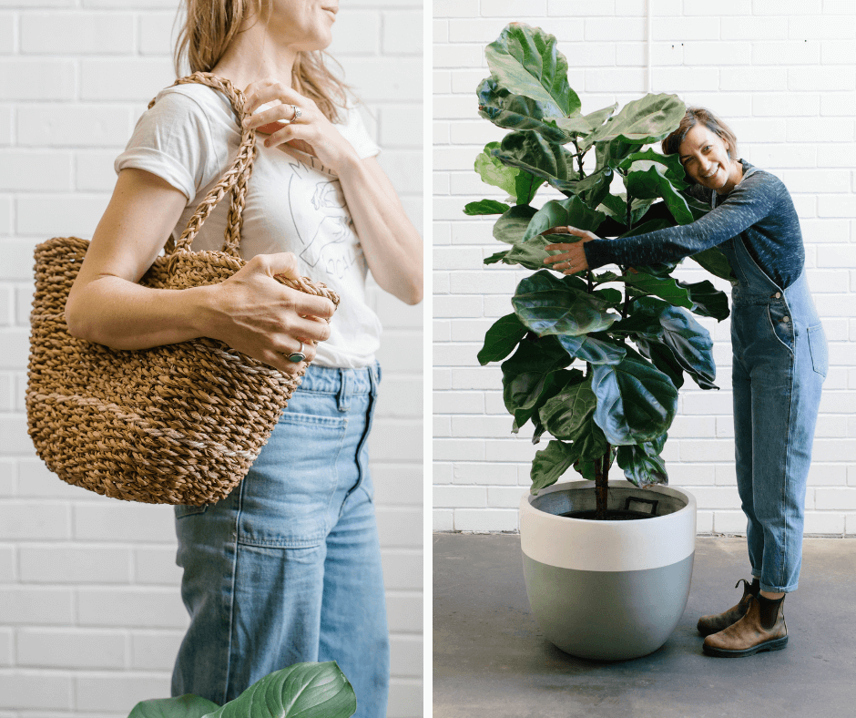 A lady with a basket bag on the left and Sarah Bell in Stackwood concept store Australia on the right, for La Basketry on the shelf