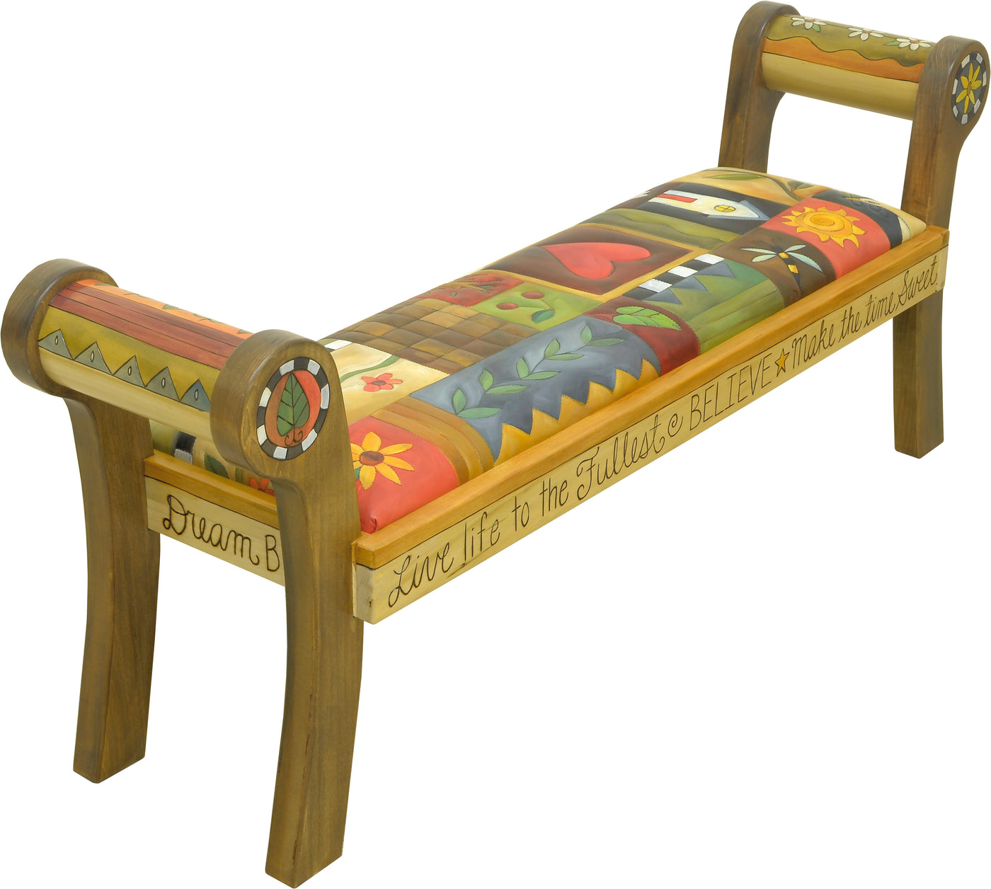 Rolled Arm Bench With Leather Seat D714119 Sticks Handmade