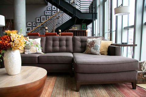 Custom Lawson Sofa Chaise sectional from Perch Furniture has a mid-century look but modern construction