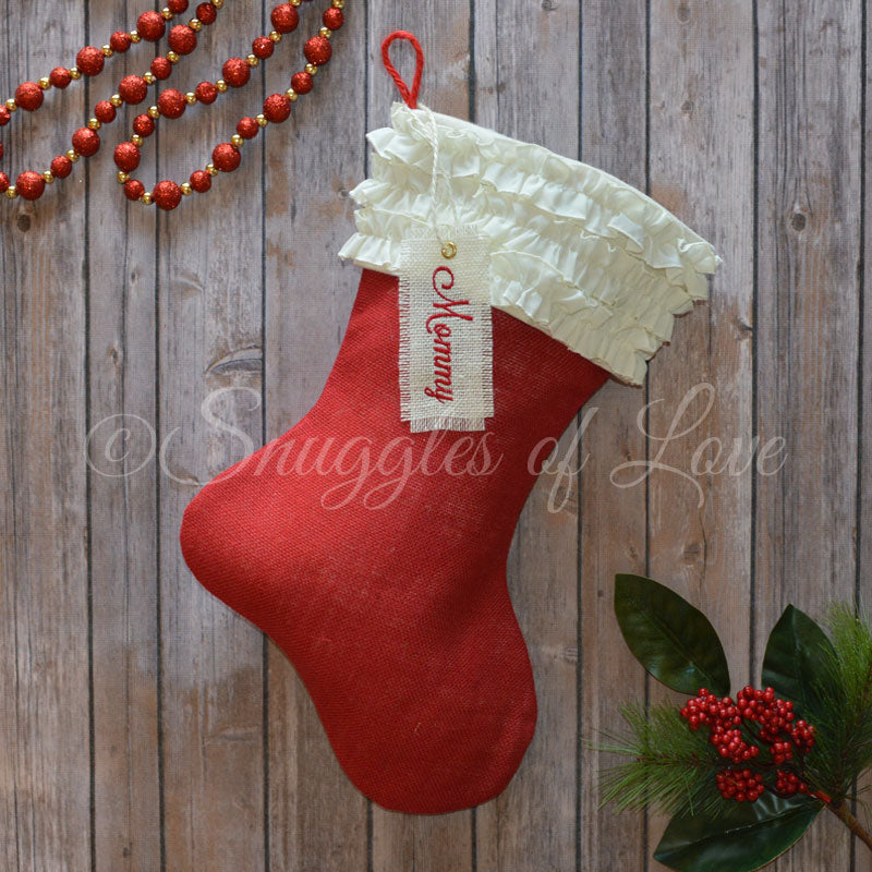 Personalized Red Burlap Christmas Stockings - Snuggles of Love