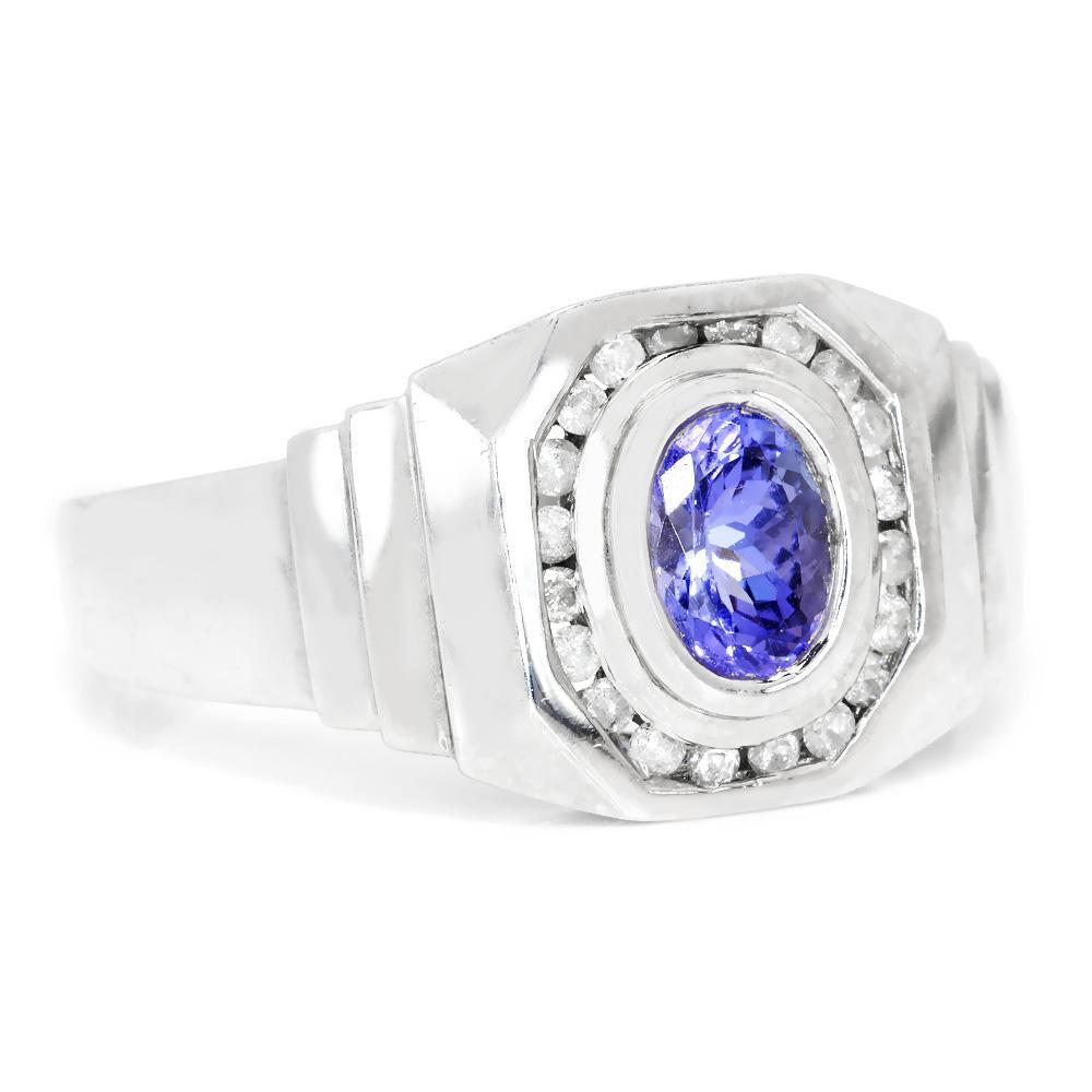 Men’s Tanzanite Ring with Diamonds 14K White Gold 1.60ctw Bezel Set ...