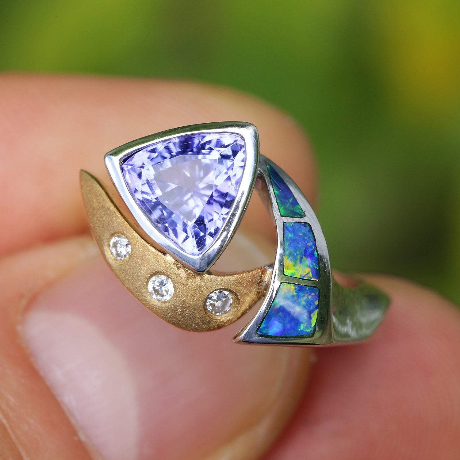 Trilliant Tanzanite Ring with Diamonds & Inlaid Opal 18K