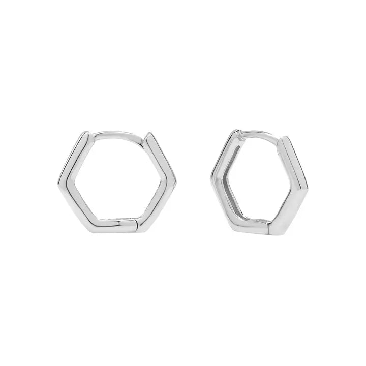 Thin Hexagon Huggies in Silver