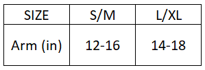 S/M    12”- 16” arms  L/XL   14”- 18”  arms