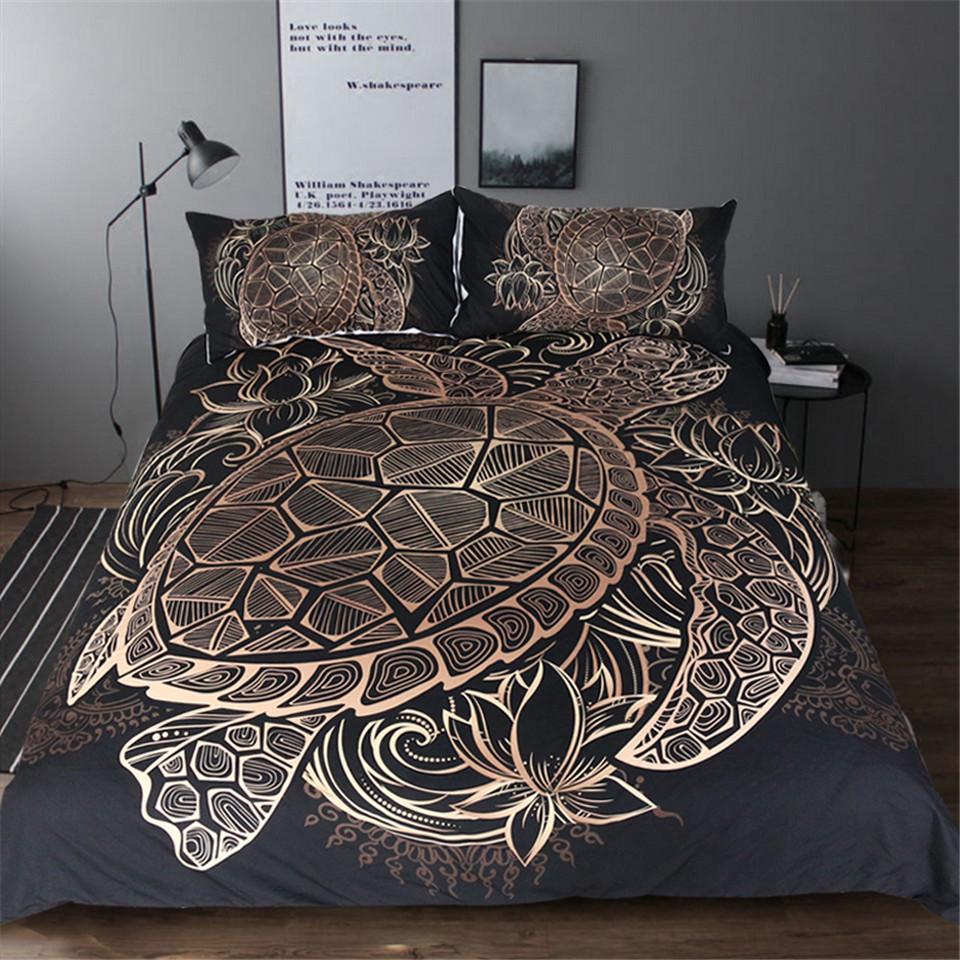 Black And Gold Turtle Duvet Cover Pillowcases Set 3 Piece My