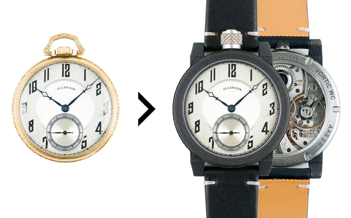 pocket watch converted into vortic wrist watch
