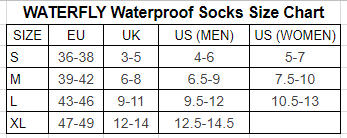 WATERFLY Waterproof Socks Size Chart