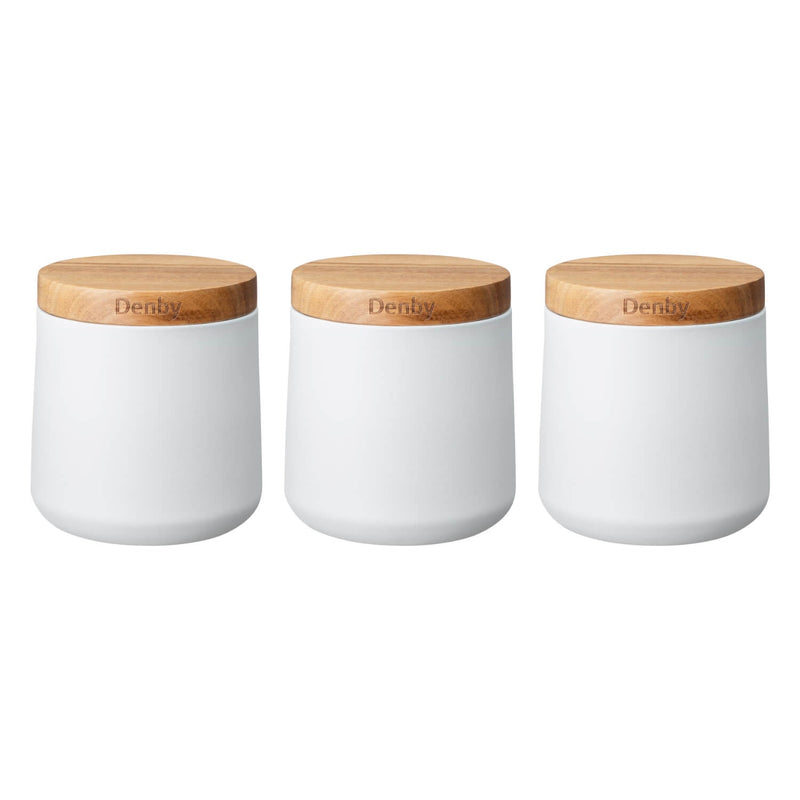 Denby | Steel 3 Piece Canister Set With Acacia Wood Lids - Matte White ...