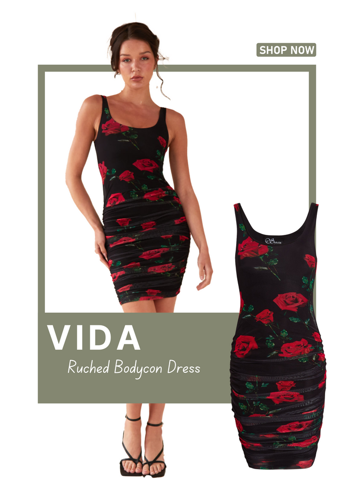 Black and red rose floral body-con dress