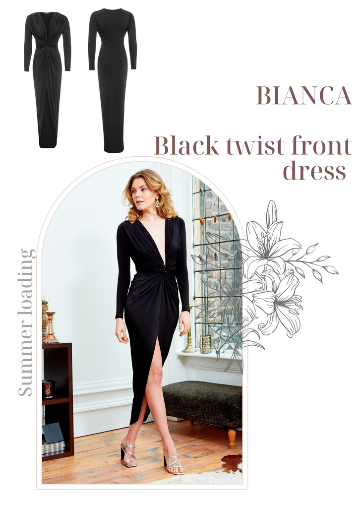 Bianca long sleeve black front twist slit dress