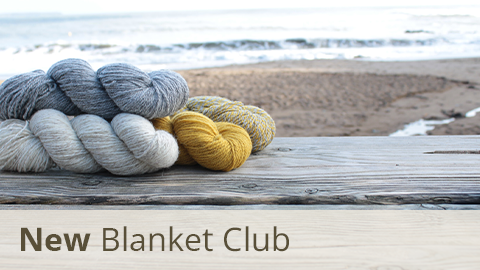 Four skeins of yarn placed in a pile on a wood at the beach, with the sentnece "New Blanket Club" at the bottom.