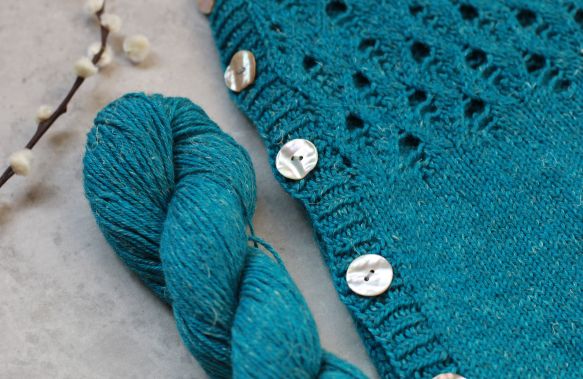 Holly Blue Cardigan kit with Hatter's Teal Party Nua Yarn