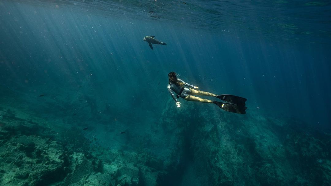 Martina Alvarez (oceanomartina on Instagram) freediving with a sea lion.