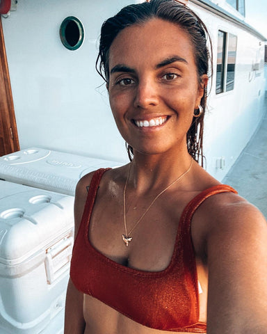Martina Alvarez (oceanomartina on Instagram) interview with VANDAYA. Photo shoot in Mexico wearing Bali Bracelet and Fiji Gold Shark Tooth Necklace