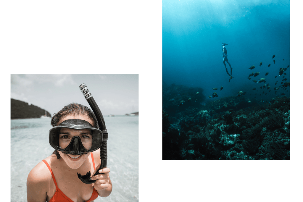 Freediving in the ocean wearing fins, mask and snorkel. Practicing to hold their breath while surrounded by beautiful coral reefs and ocean. 