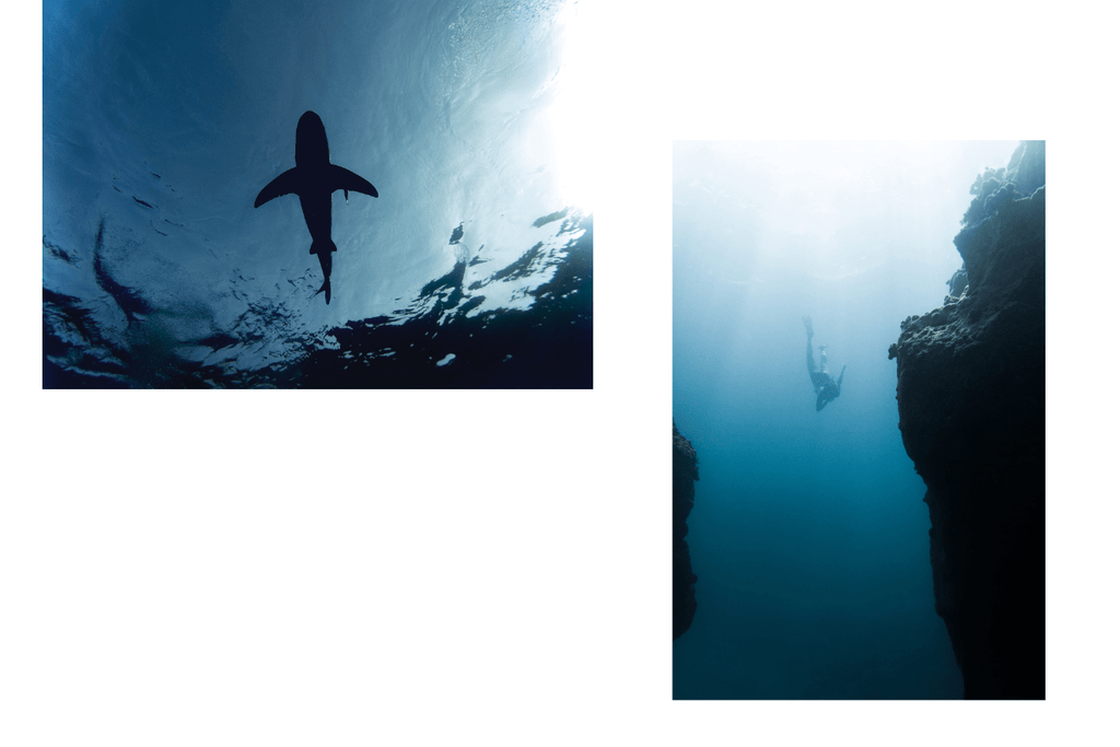 Freediving in the ocean wearing fins, mask and snorkel. Practicing to hold their breath while surrounded by beautiful coral reefs and ocean. 