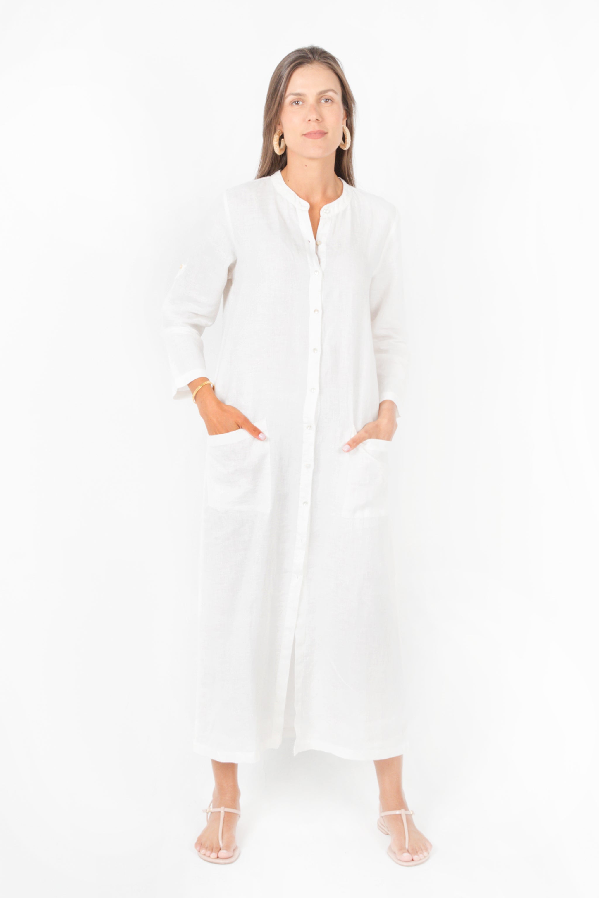 white linen maxi shirt dress