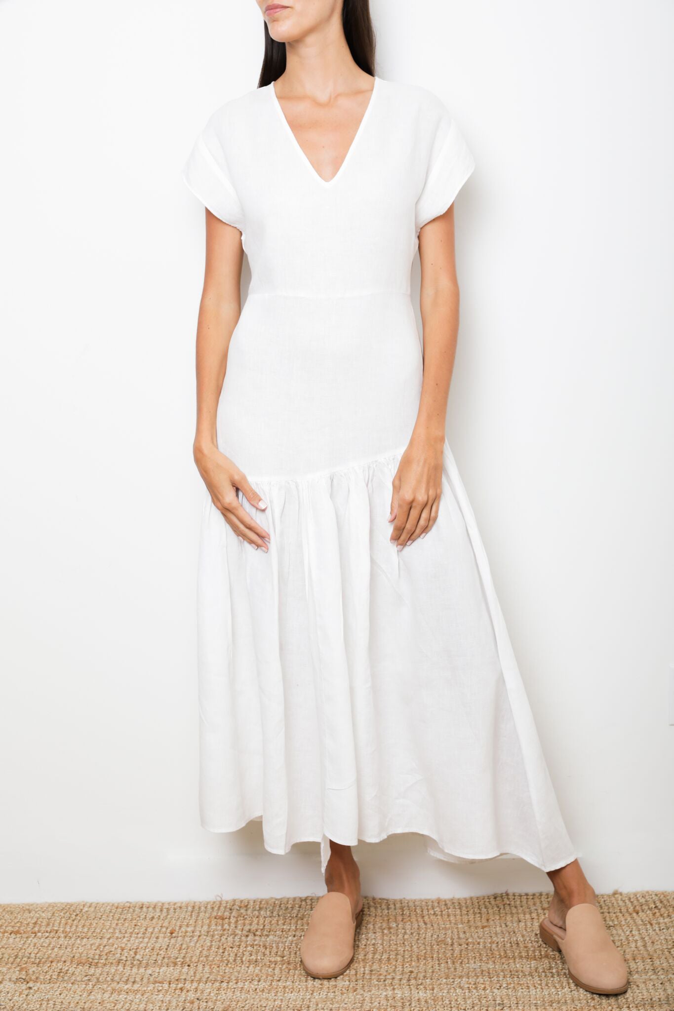 white linen v neck dress