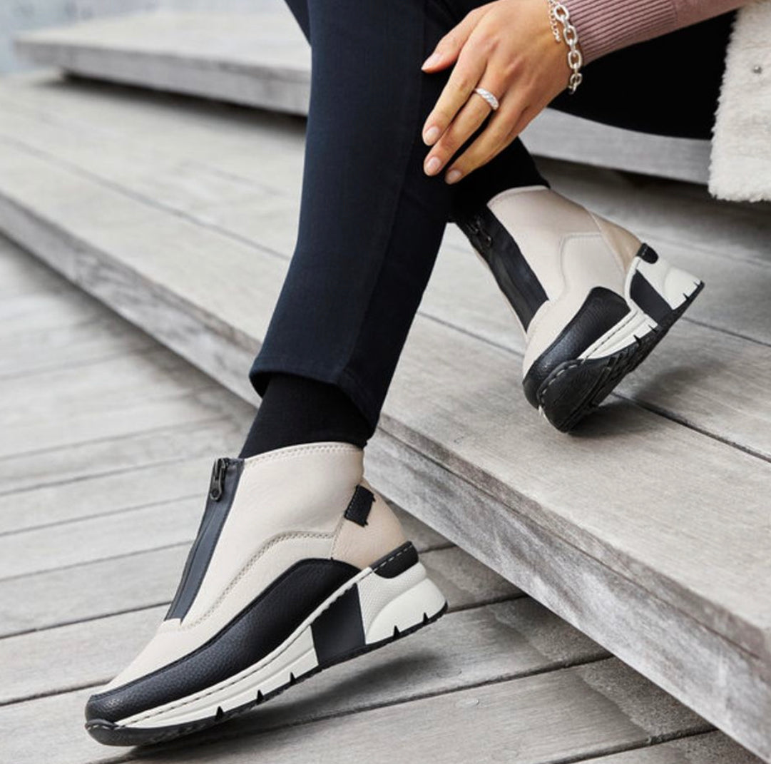 Rieker N6352-60 Korsika Cream and Black Wedge Zip Front Ankle Trainer – Missy Online: Shoes, & Based in