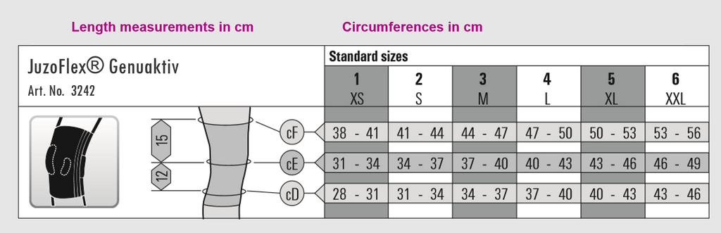 JuzoFlex Genuaktiv Knee Brace sizing chart