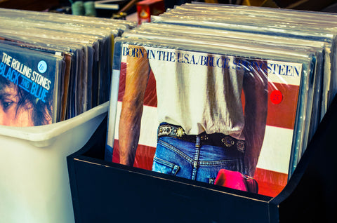 A bin of Vinyl Records, Bruce Springsteen Born in the USA in the front.