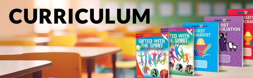 The image displays a classroom setting with five curriculum books for children. The caption emphasizes "Curriculum."