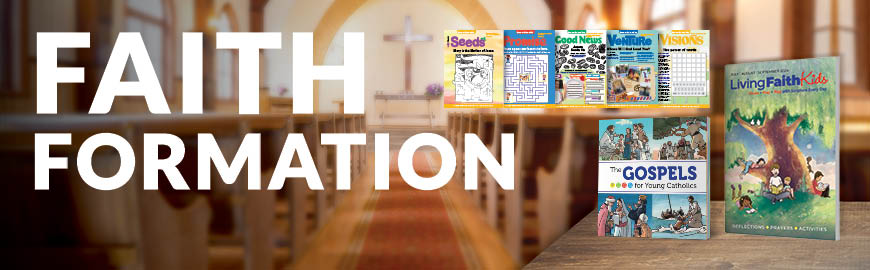 An image featuring seven children's books set against the backdrop of a church interior. The caption reads, "Faith Formation."