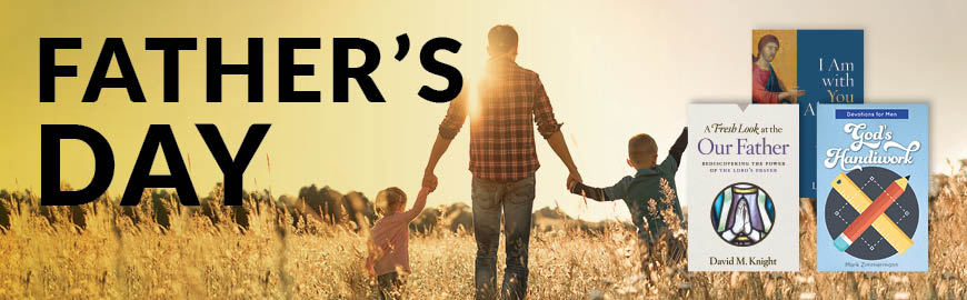 A picture of a father walking in a field while holding his two children's hands as background with three books and with the caption "Father's Day."