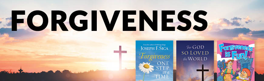 A serene landscape featuring a Cross on a hill serves as a backdrop to three books. Captions read "Forgiveness."