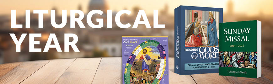 The image features a blurred Vatican backdrop with three books, alongside the caption: "Liturgical Year."