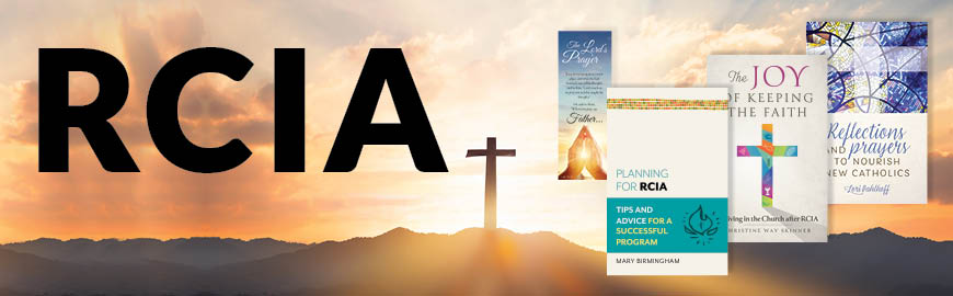 An image featuring four Catholic books set against the backdrop of a cross atop a hill. The caption reads, "RCIA." 