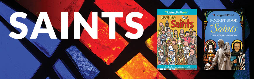 A picture featuring colorful stained glass with two books about Saints as the backdrop, accompanied by the caption "Saints."