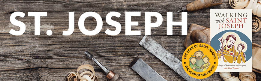 A book about St. Joseph set against a carpenter shop backdrop with the caption: "St. Joseph."