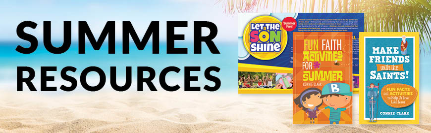 A beach scene forms the backdrop for three Catholic products with the caption "Summer Resources."