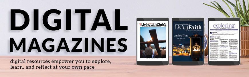 A light grey background featuring a wooden desk displaying three digital books. The caption reads "Digital Magazines," offering accessible resources for exploration, learning, and reflection at your own pace.