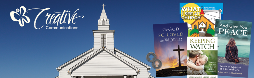 Church roof and books for study and prayer under a blue sky.