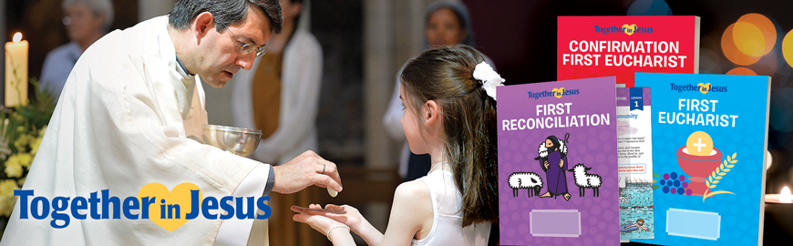 Picture of priest giving Holy Eucharist to little girl with Together in Jesus books.