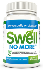 Bottle of SwellNoMore which is all natural supplement  to reduce puffy eyes, swollen feet and other forms of edema
