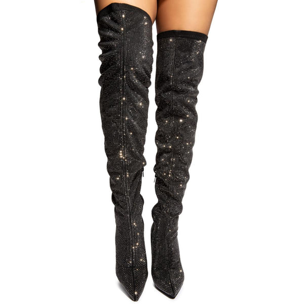 black rhinestone thigh high boots