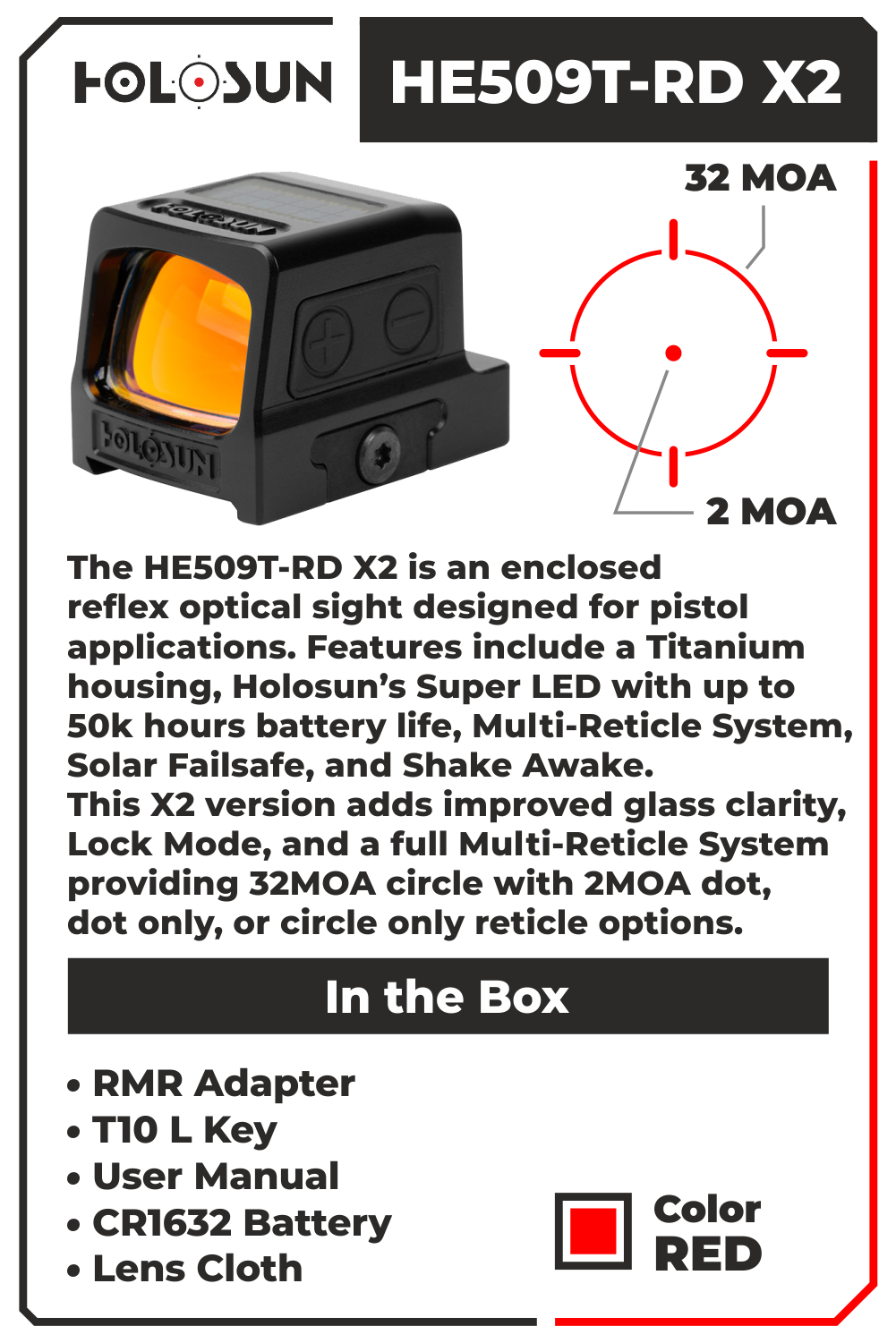 Holosun HE509T-RD X2 Enclosed Reflex Optical Multi-Reticle Red Dot Sight