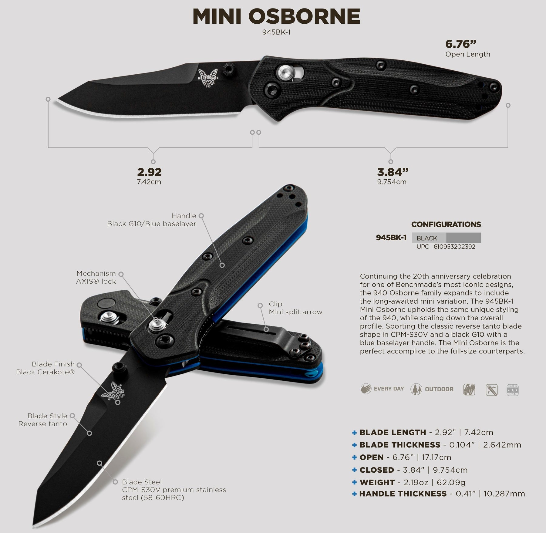Benchmade Mini Osborne 945BK-1 CPM-S30V (58-60) 2.92