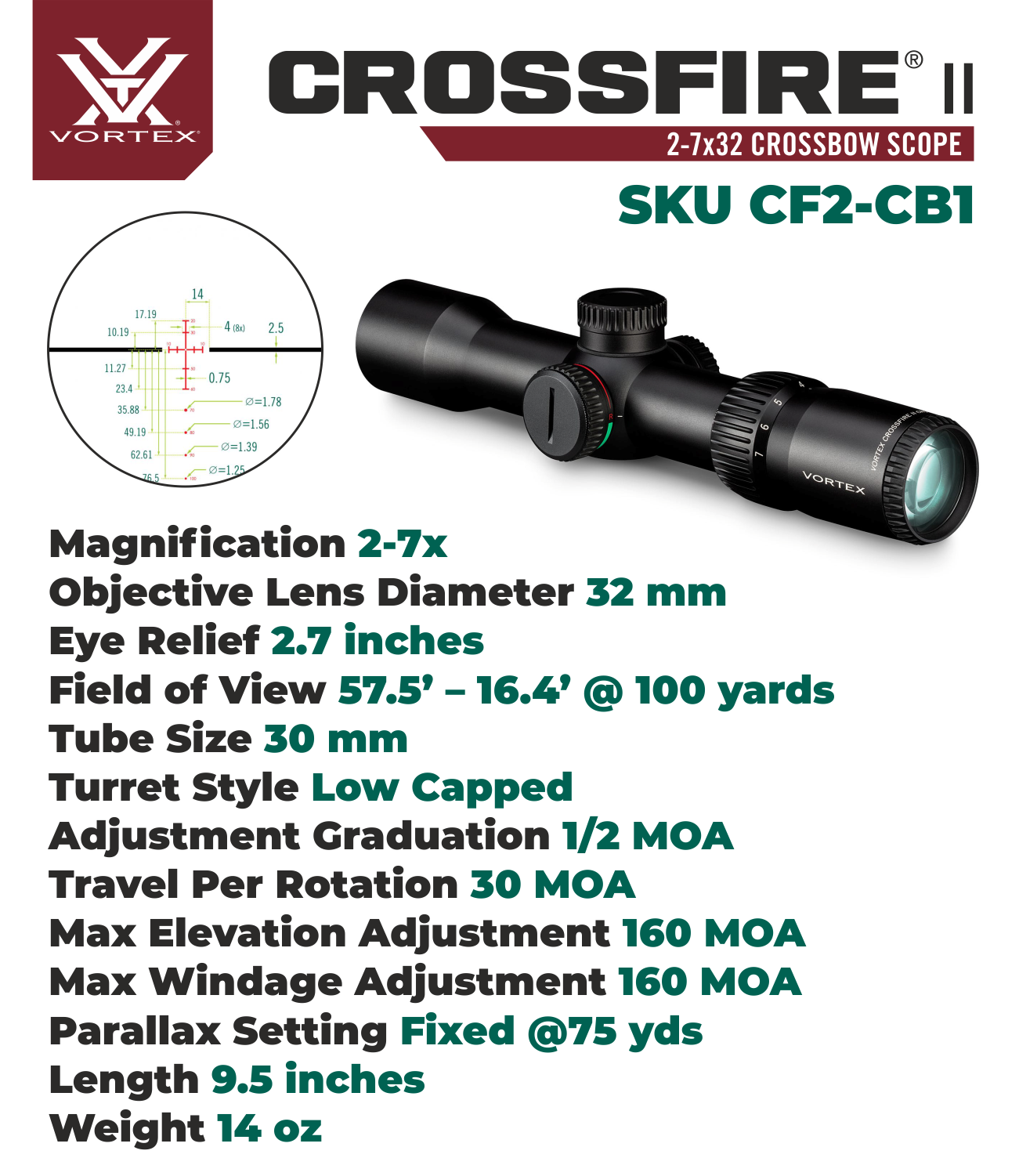 Vortex Optics Crossfire II 2-7x32 SFP Crossbow Scope Kit with Wearable4U Bundle
