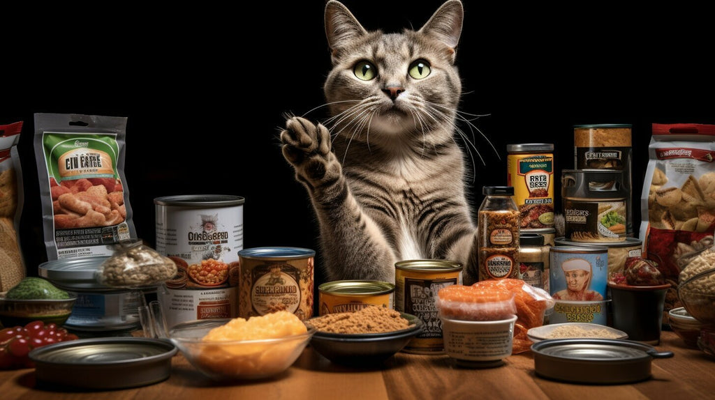 Cat with cat food labels