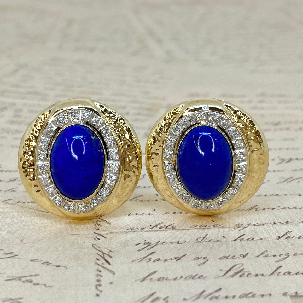 Vintage 14K Gold Lapis Lazuli and Diamond Earrings