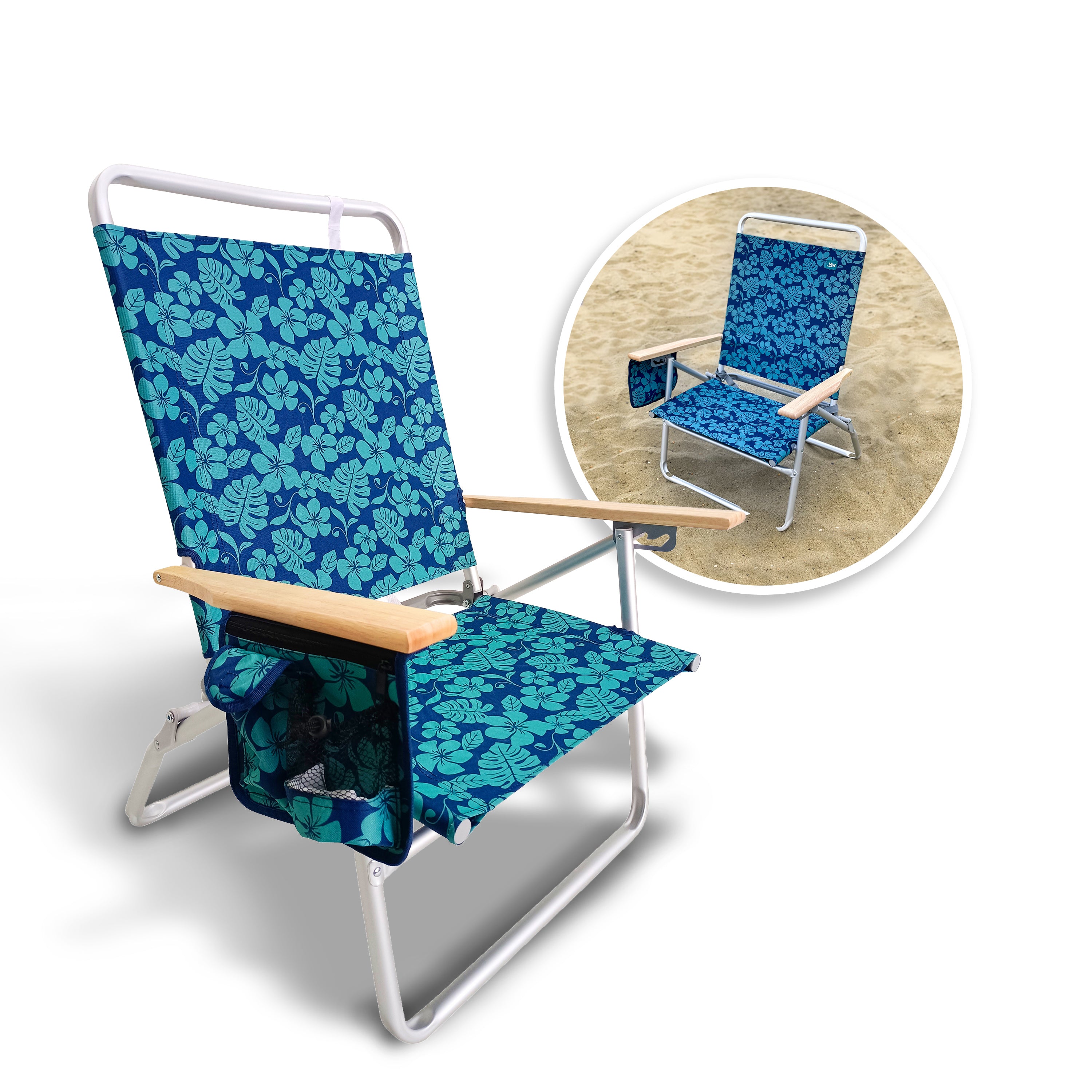 Bliss Hammocks BBC-354-BF Foldable Beach Chair W/ Side Pocket | 3 Reclining Positions | Storage Pouch, Phone Holder, & Cup Holder Included | 275 Lb. Capacity (Blue Flower)