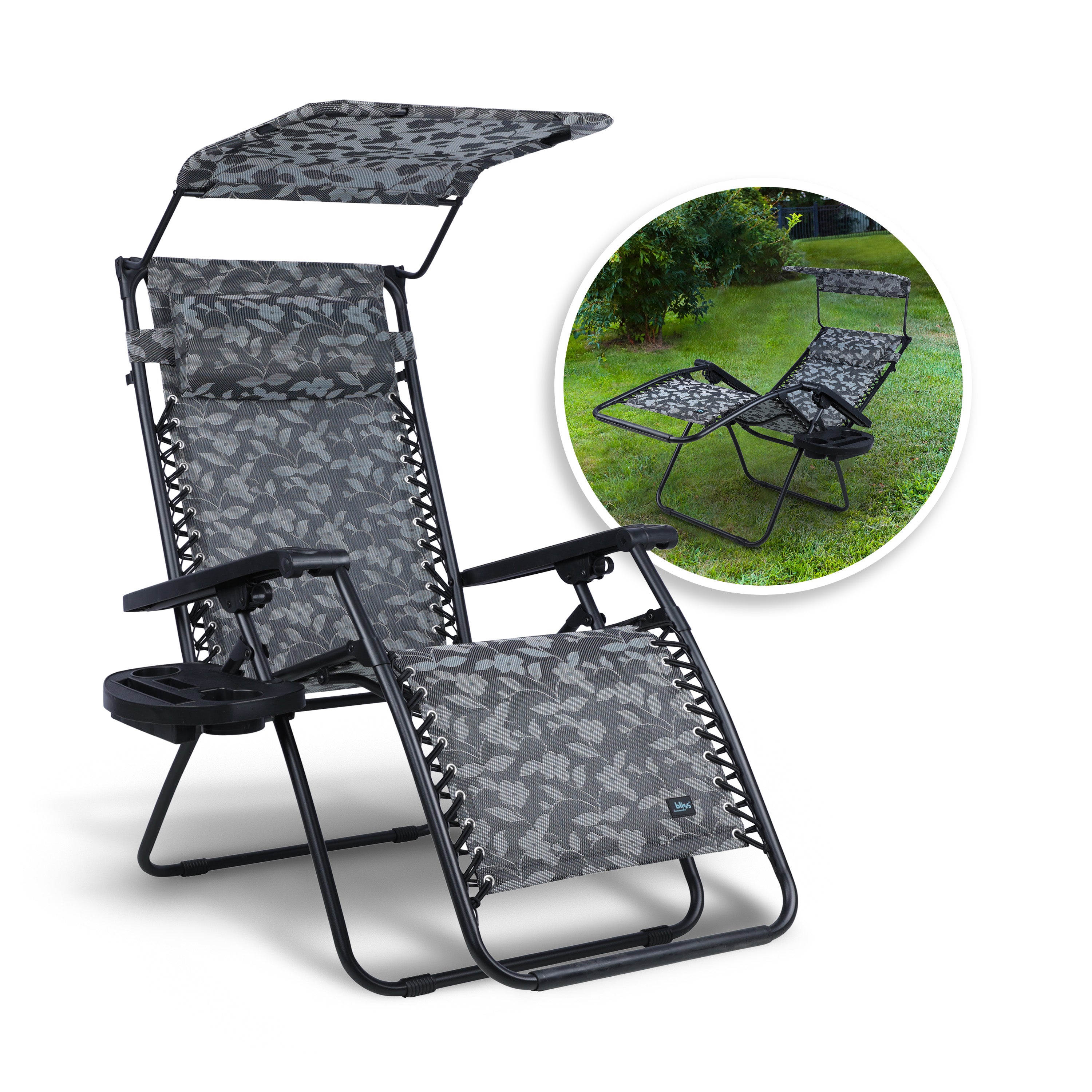 Bliss Hammocks GFC-456XWPF Gravity Free Chair w/ Canopy, Drink Tray, & Pillow | 33-in. Wide XXL | Weather & Rust Resistant | 360 Lb. Capacity
